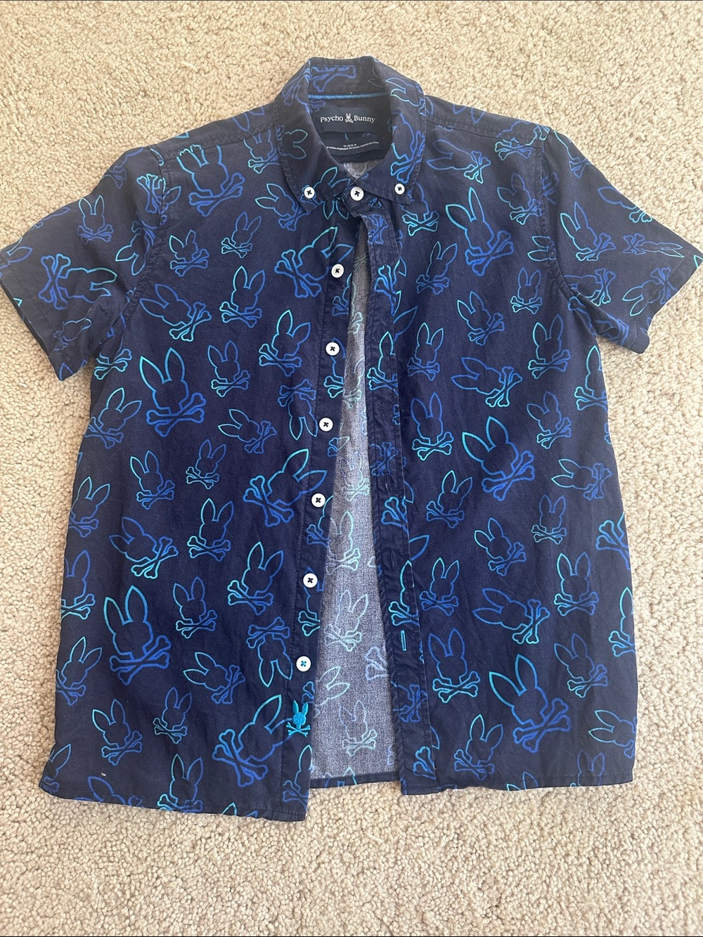 PSYCHO BUNNY Boys Blue Benton Camp Shirt Button Down Sz Med 10-12